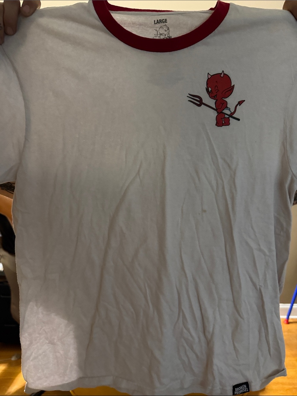 White Short-Sleeve Ringer Tee with Red Devil Graphic